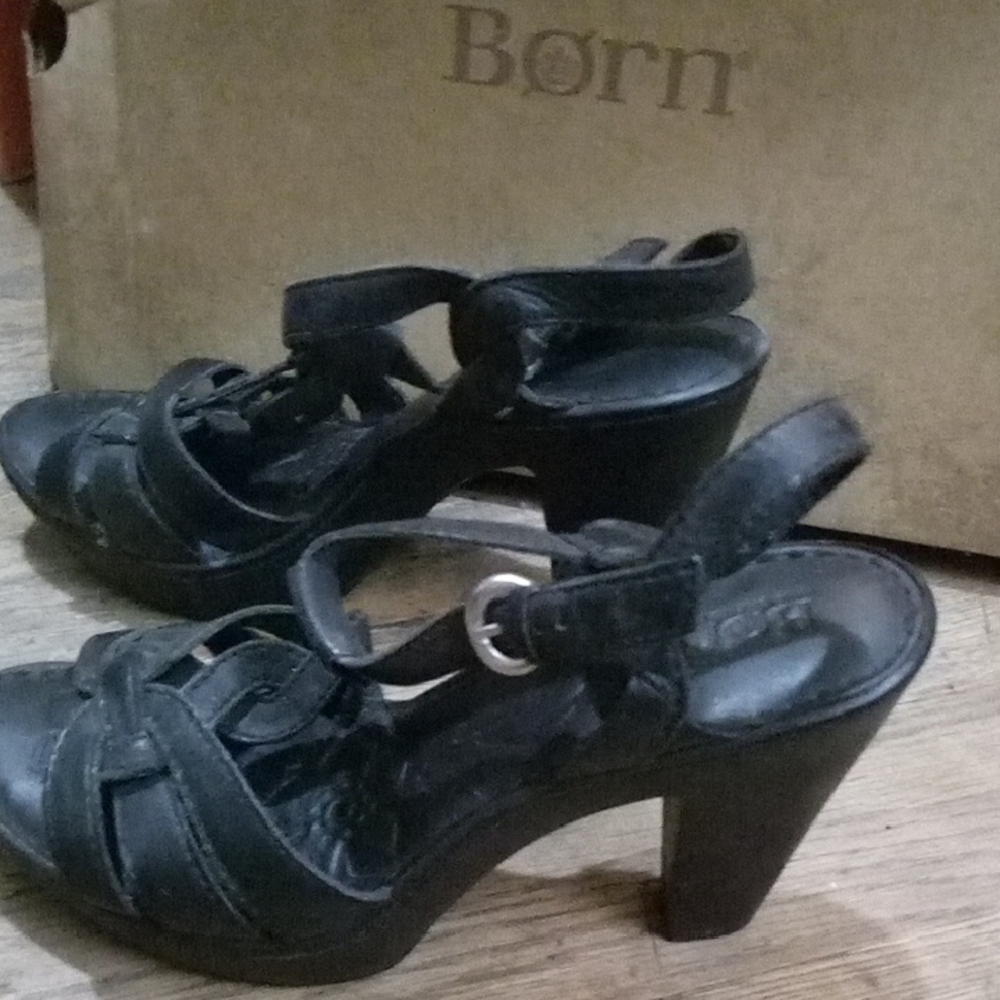 Born Black Heeled Sandals with Chunky Heel and Ankle Strap